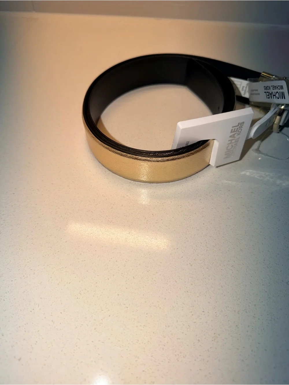 Michael Kors gold  Leather Belt with Gold and silver MK Round Buckle